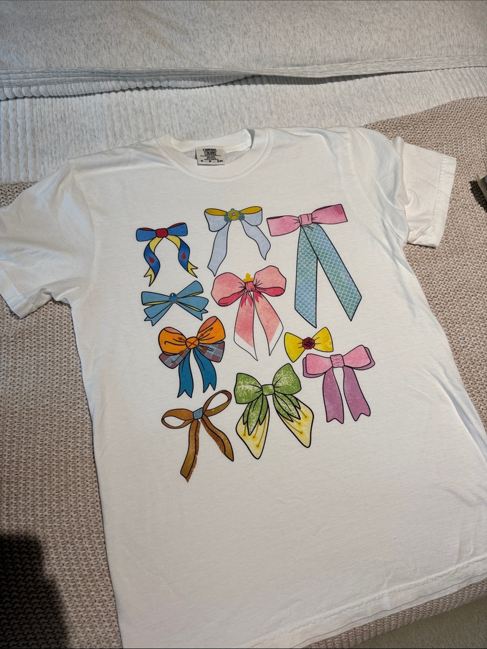 White Comfort Colors Graphic Tee with Colorful Disney Princess Bow Prints
